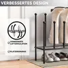 A boot rack with boots and shoes, featuring a graphic highlighting improved air circulation and space-saving design. Produktbild-Vorschau