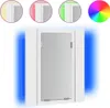 A white LED bathroom mirror cabinet with blue light emanating from the sides, shown with circular insets at the top displaying different colored lights. Náhled obrázku produktu