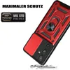 A red and black phone case with a ring holder is shown at an angle, with text overlays indicating features. Produktbild-Vorschau