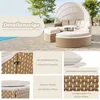 Collage of details and close-ups of a rattan garden sofa with a canopy. Voir les images du produit