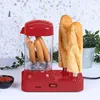 A red Livoo hot dog maker with sausages inside a clear cylinder and two hot dog buns on skewers. Produktbild-Vorschau