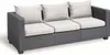 A three-seater outdoor sofa with gray rattan-like frame and beige cushions, shown against a white background. Produktbild-Vorschau