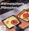 Two raclette pans filled with melted cheese and toppings, placed on a wooden board next to a raclette grill. Produktbild-Vorschau