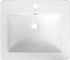 A top-down view of a white ceramic sink with two holes for faucets and a drain. Produktbild-Vorschau
