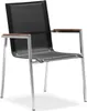 A studio shot of a single black garden chair with silver metal legs and brown wooden armrests. Produktbild-Vorschau