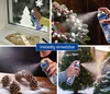 A collage of four images showing different uses of snow spray for Christmas decoration. Produktbild-Vorschau