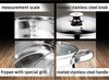 A collage of four close-up images showcasing different features of a stainless steel pot set. Produktbild-Vorschau