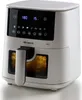 A white air fryer with a digital display and a basket containing food. Produktbild-Vorschau