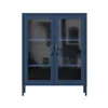 A dark blue metal display cabinet with glass doors, presented on a white background. Podgląd zdjęcia produktu