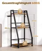 A ladder-style shelf unit with wooden shelves and black metal frame, showing weight capacity and dimensions. Produktbild-Vorschau