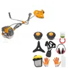 A collection of garden trimming equipment and safety gear, including a gas-powered trimmer, replacement heads, a blade, safety glasses, gloves, and ear protection, all arranged on a white background. Produktbild-Vorschau