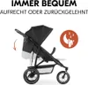A black stroller is shown from the side, with text above indicating comfort and reclining options. A circular icon with a moon and 'Zzz' indicates a sleeping feature. Produktbild-Vorschau