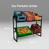 A multi-tiered metal shelving unit displaying various crates filled with drinks and produce. Náhľad obrázku produktu