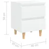 A white bedside table with wooden legs, with dimensions indicated by measurement lines and text. Náhled obrázku produktu