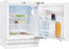 An open white refrigerator filled with food items, including grapes, yogurt cups, plastic containers of food, and bottles of water and juice. Produktbild-Vorschau