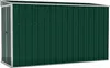 A dark green metal shed with a silver frame and roof trim, shown from the front. Náhled obrázku produktu
