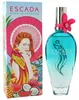 Escada Born in Paradise Eau de Toilette, türkisfarbener Flakon mit pinker Blume am Hals, neben bunter Verpackung mit Frau und tropischen Motiven. Náhled obrázku produktu