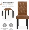 A product image featuring a brown leather dining chair with black wooden legs, accompanied by descriptive text and icons highlighting its features. Produktbild-Vorschau