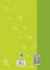 The image shows the back cover of a notebook with paw print graphics. Produktbild-Vorschau