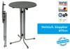 A high-top folding table shown in both its upright and folded positions, with various certification logos and descriptive text on the right side. Produktbild-Vorschau