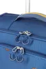 A close-up view of the zippers and handle of a blue suitcase. Produktbild-Vorschau