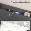 A close-up view of a headboard with integrated charging ports and a smartphone connected to it, along with a small wooden speaker. Below, there are icons and text detailing the charging specifications. Produktbild-Vorschau
