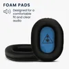 A close-up image of two black foam ear pads with blue inner material, one resting on top of the other. Text and a graphic are present in the upper left corner. Produktbild-Vorschau
