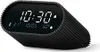 A digital alarm clock with a black ribbed casing and a digital display showing the time, date, temperature, and humidity. Podgląd zdjęcia produktu