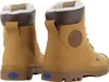 A pair of tan Palladium boots with brown accents and white lining, shown from the back. Produktbild-Vorschau