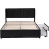 A black upholstered bed frame with a slatted mattress support and two open drawers on the right side, shown against a white background. Náhled obrázku produktu