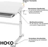 Close-up view of a white desk with various features highlighted by text labels. Produktbild-Vorschau