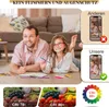 A father and daughter are drawing on the floor, with comparison images of phone screens showing different lighting qualities. Produktbild-Vorschau