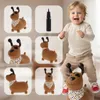A child is happily playing with a brown dog-shaped bouncing toy, with multiple smaller images of the toy and a pump shown around it. Produktbild-Vorschau