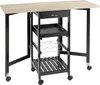 A kitchen cart with drop-leaf sides and multiple shelves, including a wine rack and a drawer, is shown against a white background. Produktbild-Vorschau