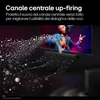 A soundbar is shown projecting sound waves upwards, with a person on a screen in the background. Voir les images du produit