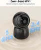 A black indoor security camera is shown with text and graphics indicating its dual-band WiFi capabilities. Produktbild-Vorschau