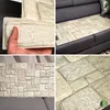 A collage of four images showing 3D wall panels with a stone look. One image shows a hand holding a panel, another shows panels laid out on a sofa, and the other two show close-ups of the panel texture and pattern. Produktbild-Vorschau