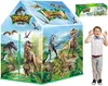A child's play tent with a dinosaur theme, shown with a young boy standing next to it. Podgląd zdjęcia produktu