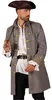 Herr trägt den grauen Long John Silver Piratenmantel mit goldfarbenen Knöpfen, Dreispitz, Rüschenhemd und schwarzer Hose. Produktbild-Vorschau