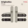 A product image showcasing two door handles with descriptive text and icons highlighting features. Produktbild-Vorschau