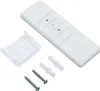A white remote control with buttons, a clear plastic bracket, two screws, and two plastic wall anchors are arranged on a white background. Produktbild-Vorschau