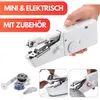 A collage showing a white portable sewing machine, its accessories, and close-ups of its operation. Náhled obrázku produktu