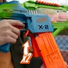 A close-up shot of a person holding a Nerf Elite 2.0 Double Punch toy gun, with an overlay indicating a feature. Produktbild-Vorschau