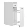 A white, narrow cabinet with a single drawer and two open shelves on wheels. Náhled obrázku produktu