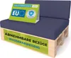A blue pallet cushion set on a wooden pallet base, with marketing signs. Podgląd zdjęcia produktu