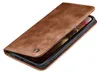 A brown leather flip case for a smartphone, shown from a diagonal angle. Produktbild-Vorschau
