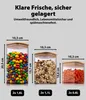 Three clear glass storage jars of different sizes filled with food items, with dimensions and capacity labels. Voir les images du produit