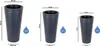 Three different sizes of tall, cylindrical planters are displayed side-by-side with dimensions and volume indicated. Náhľad obrázku produktu