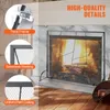 A fireplace screen in front of a fireplace, with close-up insets highlighting product features. Náhled obrázku produktu