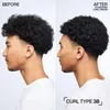 A split image showing a man's hair before and after using a hydrating curl cream. The 'before' side shows frizzier curls, while the 'after' side displays more defined and hydrated curls. Voir les images du produit